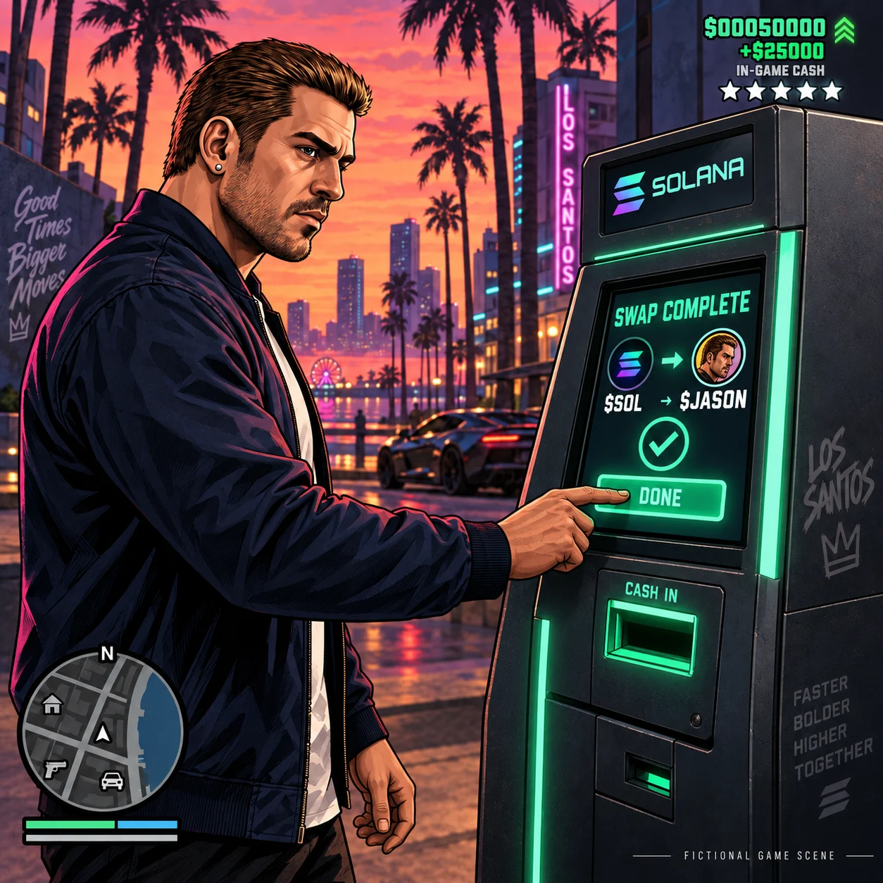 Fictional game scene: Jason completing a token swap at an ATM