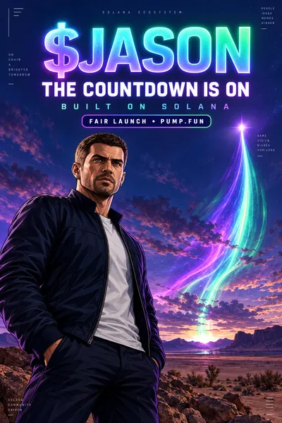 Jason beneath colorful light trails over a desert at dusk. Concept artwork.