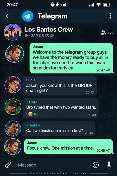 Imaginary Telegram game chat with Jason, Lucia, Lamar and Franklin. Not real messages.