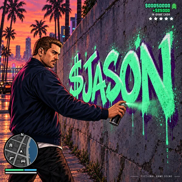 Jason spray-painting $JASON on a city wall. Fictional game artwork.